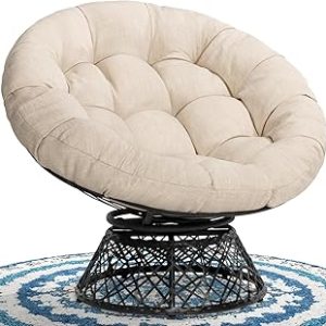 40" Ergonomic Wicker Papasan Chair with Soft Thick Density Fabric Cushion, High Capacity Steel Frame, 360 Degree Swivel for Living, Bedroom, Reading Room, Lounge, Sepia Sand - Black Base