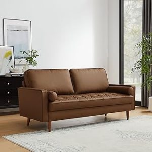 Valour 73 Inch Faux Leather Sofa in Brown – Upholstered Sofa with Tufted Seat - 3-Seater Leather Couch with Cozy Wide Seats - Mid-Century Modern Couch for Living Room