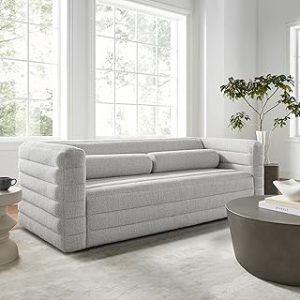 Relle Channel Tufted Boucle Upholstered Sofa in Newsprint - Deep Seat Plush Couch - Retro Vintage Mid Century Soft Sofa with 2 Bolster Pillows - 3 Seater Couch for Living Room